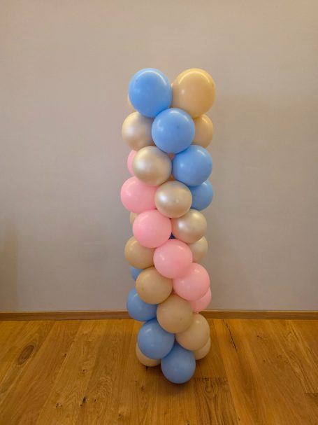 Boy or Girl? Ballonsäule aus Latex-Ballons Ballon-Säule in Pastellfarben: Blau, Rosa, Beige und Gold.